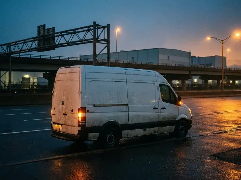 A high-roof cargo van on a New Jersey highway shoulder at dusk