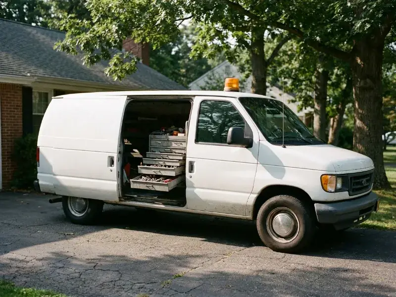A locksmith service van in the driveway of an older New Jersey home, side door open to tool drawers